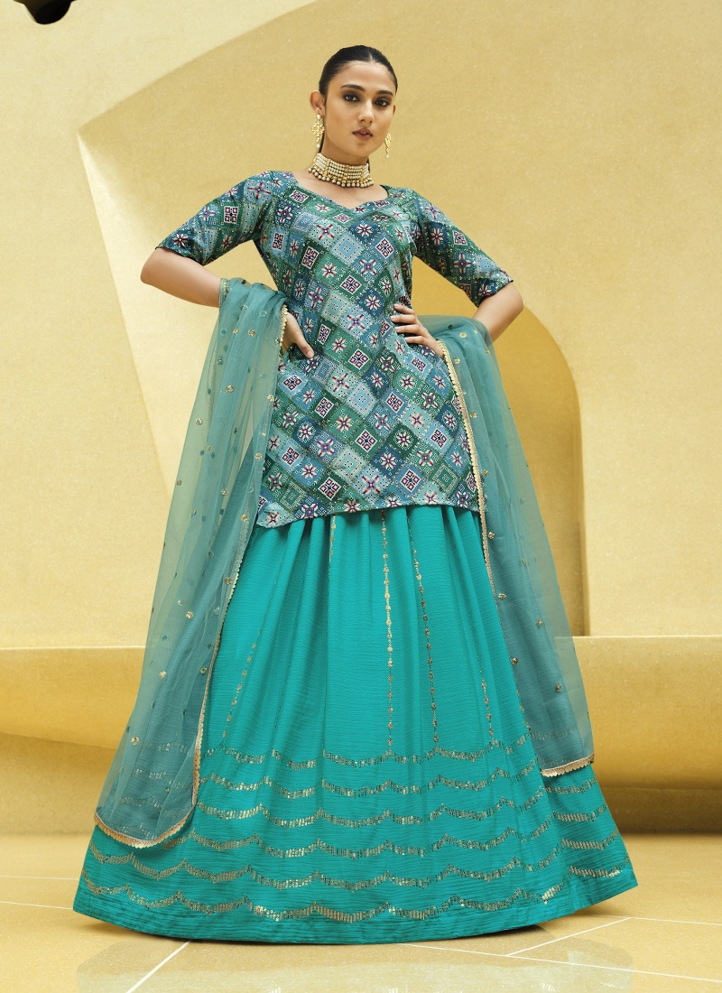 Turquoise Blue Chinon Silk Sequins Wedding Lehenga Choli
