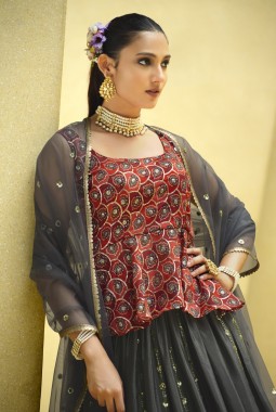 Grey Chinon Silk Embroidery Wedding Lehenga Choli