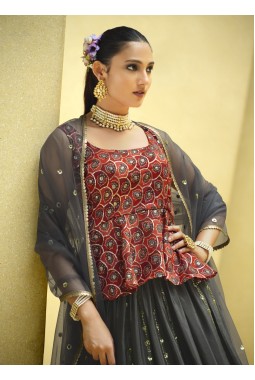 Grey Chinon Silk Embroidery Wedding Lehenga Choli