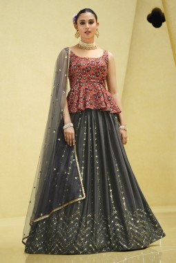 Grey Chinon Silk Embroidery Wedding Lehenga Choli
