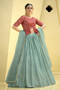 Sky Chinon Silk Sequins Wedding Lehenga Choli