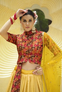 Yellow Chinon Silk Embroidery Wedding Lehenga Choli