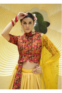 Yellow Chinon Silk Embroidery Wedding Lehenga Choli