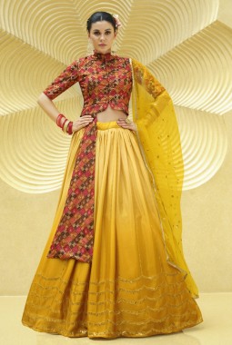 Yellow Chinon Silk Embroidery Wedding Lehenga Choli