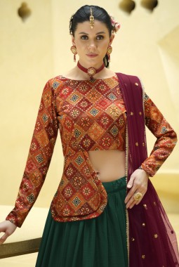 Rama Green Chinon Silk Embroidery Lehenga Choli
