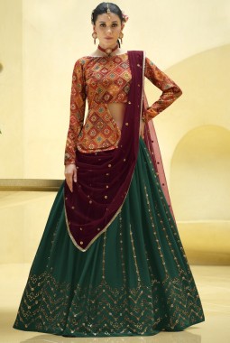 Rama Green Chinon Silk Embroidery Lehenga Choli