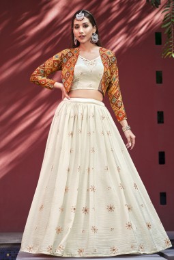 Beige Chiffon Sequins Embroidered Wedding Lehenga Choli