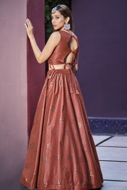 Rust Orange Art Silk Embroidered Wedding Lehenga Choli
