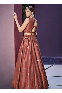 Rust Orange Art Silk Embroidered Wedding Lehenga Choli