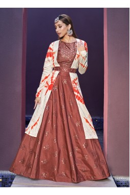 Rust Orange Art Silk Embroidered Wedding Lehenga Choli