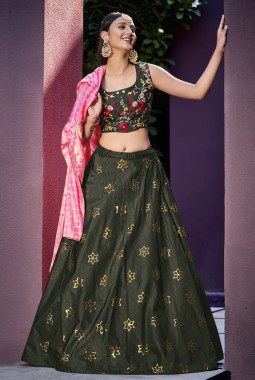 Olive Green Art Silk Embroidered Wedding Lehenga Choli