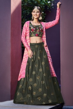 Olive Green Art Silk Embroidered Wedding Lehenga Choli