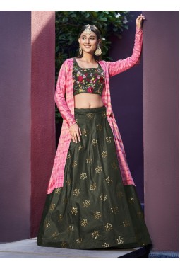 Olive Green Art Silk Embroidered Wedding Lehenga Choli