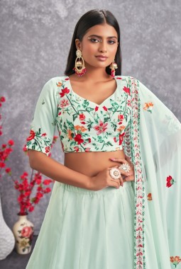Sea Green Georgette Thread Embroidery Wedding Lehenga Choli