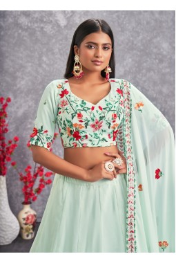 Sea Green Georgette Thread Embroidery Wedding Lehenga Choli