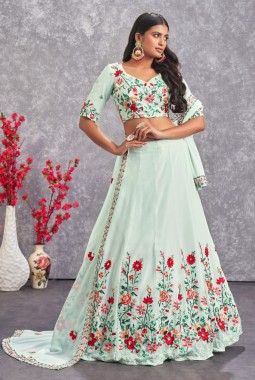 Sea Green Georgette Thread Embroidery Wedding Lehenga Choli