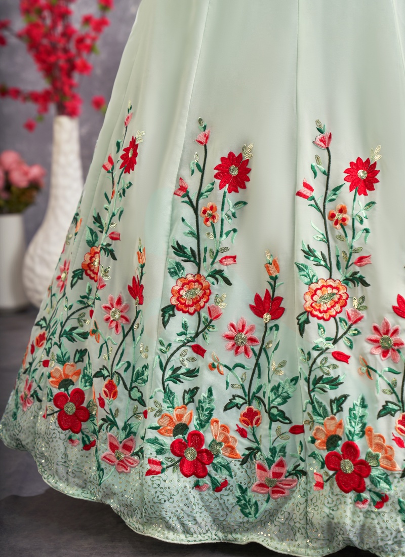 Sea Green Georgette Thread Embroidery Wedding Lehenga Choli