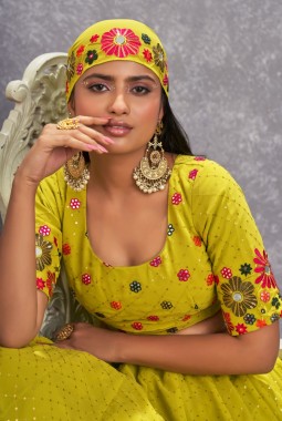 Florescent Green Georgette Mirror Work Wedding Lehenga Choli