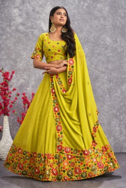Florescent Green Georgette Mirror Work Wedding Lehenga Choli