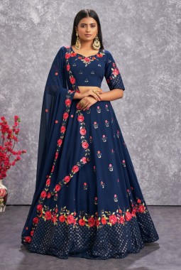 Teal Blue Georgette Embroidery Wedding Lehenga Choli