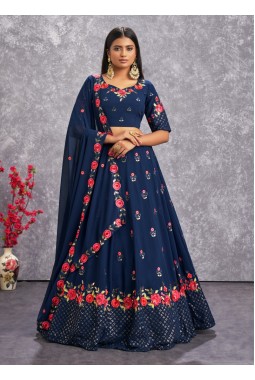 Teal Blue Georgette Embroidery Wedding Lehenga Choli