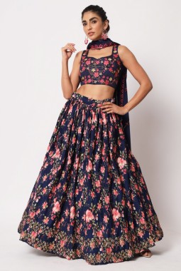 Navy Blue Art Silk Sequins Embroidered Wedding Lehenga Choli