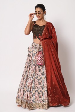 White Art Silk Crush With Prints Wedding Lehenga Choli