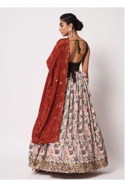 White Art Silk Crush With Prints Wedding Lehenga Choli