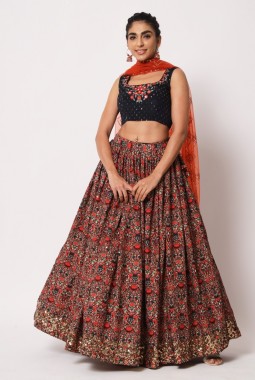 Navy Art Silk Mirror Work Wedding Lehenga Choli