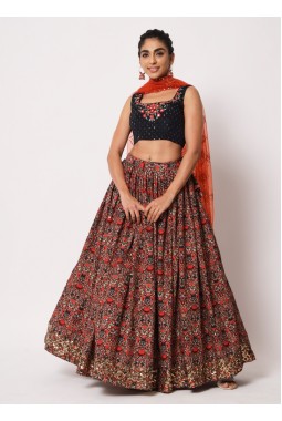 Navy Art Silk Mirror Work Wedding Lehenga Choli