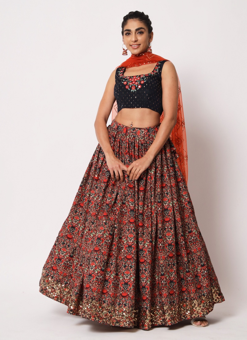 Navy Art Silk Mirror Work Wedding Lehenga Choli