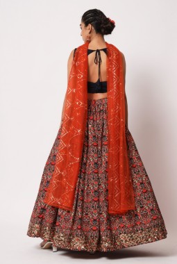 Navy Art Silk Mirror Work Wedding Lehenga Choli