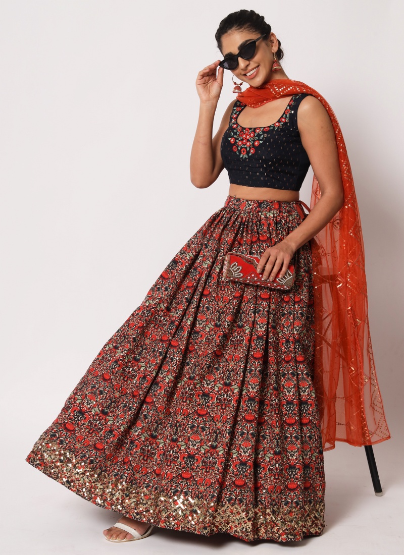 Navy Art Silk Mirror Work Wedding Lehenga Choli