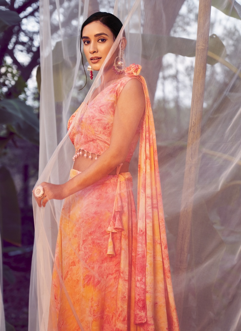 Orange Silk Printed Wedding Lehenga Choli