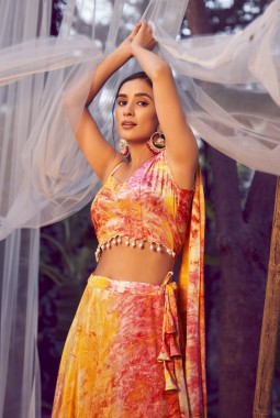 Orange Silk Printed Wedding Lehenga Choli