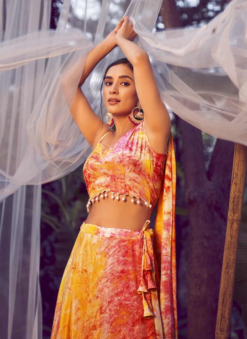 Orange Silk Printed Wedding Lehenga Choli