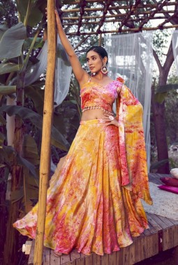 Orange Silk Printed Wedding Lehenga Choli
