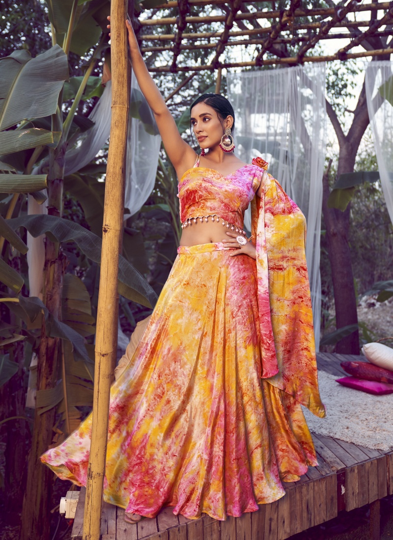 Orange Silk Printed Wedding Lehenga Choli