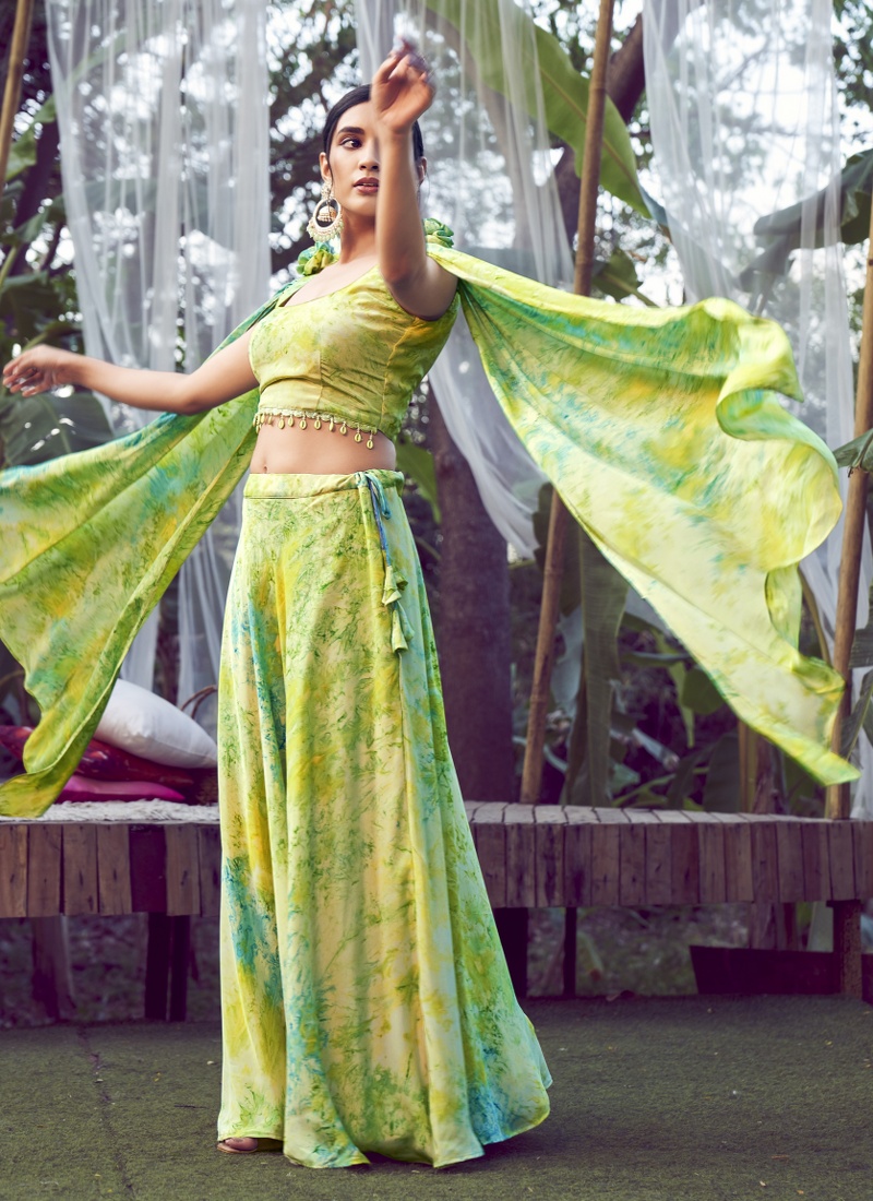 Fluorescent Green Silk Printed Wedding Lehenga Choli