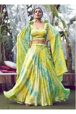 Fluorescent Green Silk Printed Wedding Lehenga Choli
