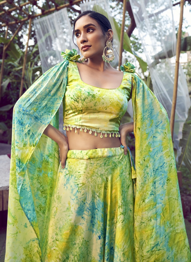 Fluorescent Green Silk Printed Wedding Lehenga Choli