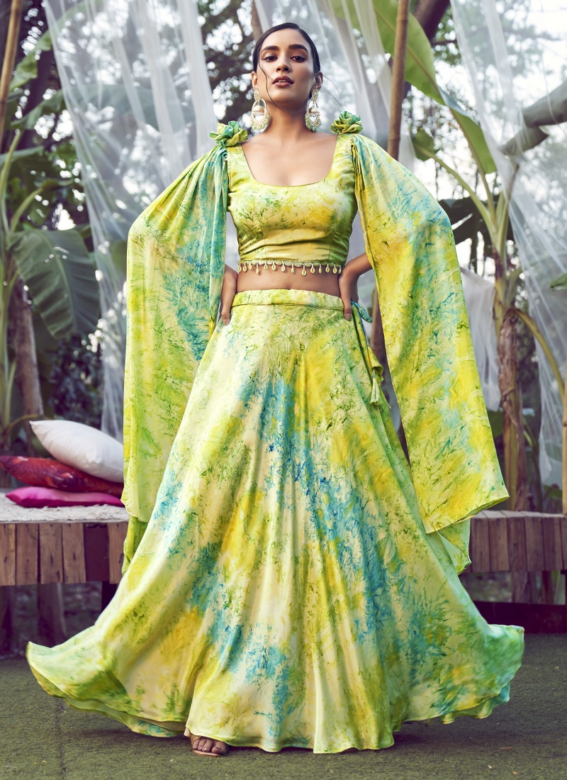 Fluorescent Green Silk Printed Wedding Lehenga Choli