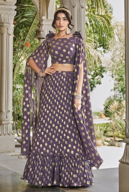 Light Purple Georgette Foil Work Wedding Lehenga Choli