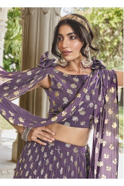 Light Purple Georgette Foil Work Wedding Lehenga Choli