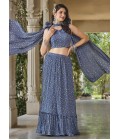 Blue Grey Georgette Metallic Foil Work Wedding Lehenga Choli