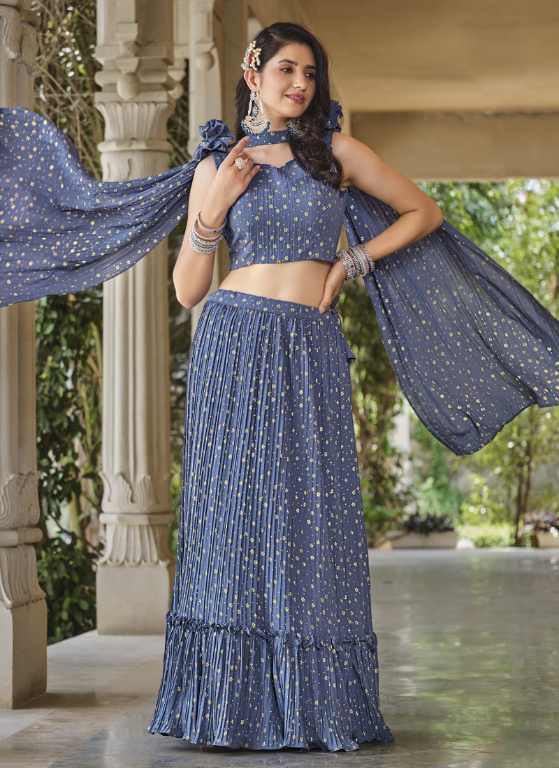 Blue Grey Georgette Metallic Foil Work Wedding Lehenga Choli