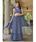 Blue Grey Georgette Metallic Foil Work Wedding Lehenga Choli