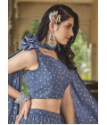 Blue Grey Georgette Metallic Foil Work Wedding Lehenga Choli