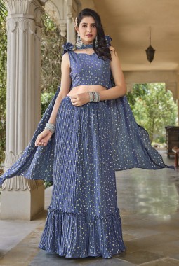 Blue Grey Georgette Metallic Foil Work Wedding Lehenga Choli