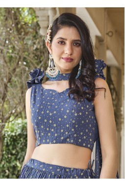 Blue Grey Georgette Metallic Foil Work Wedding Lehenga Choli